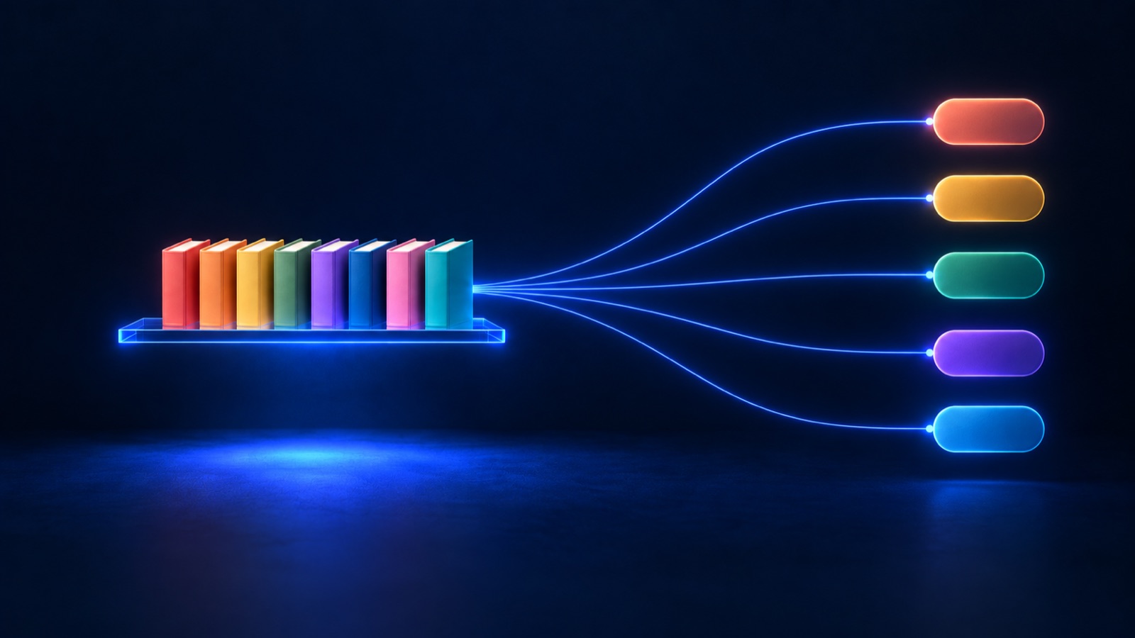 Lines of light fanning out from one shelf to five storefronts