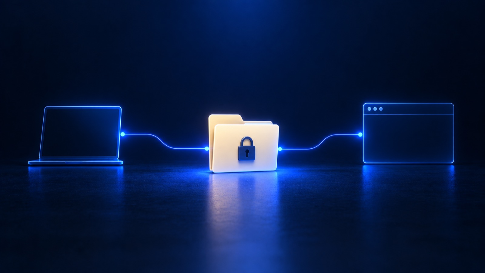 One locked folder, a laptop and a browser both connected to it